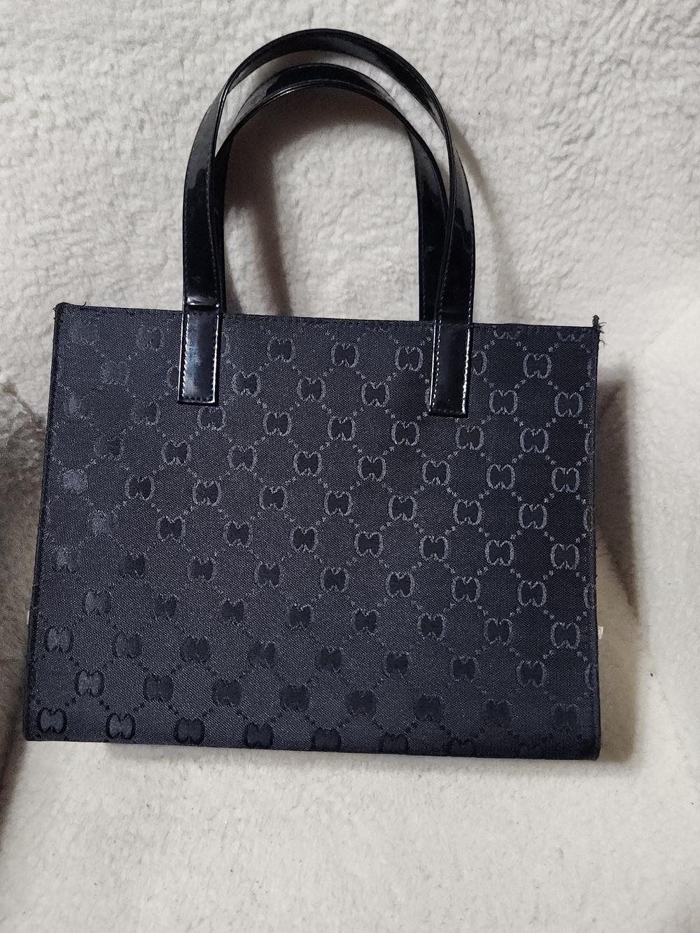 Black Patterned Bow Tote Bag with Glossy Handles